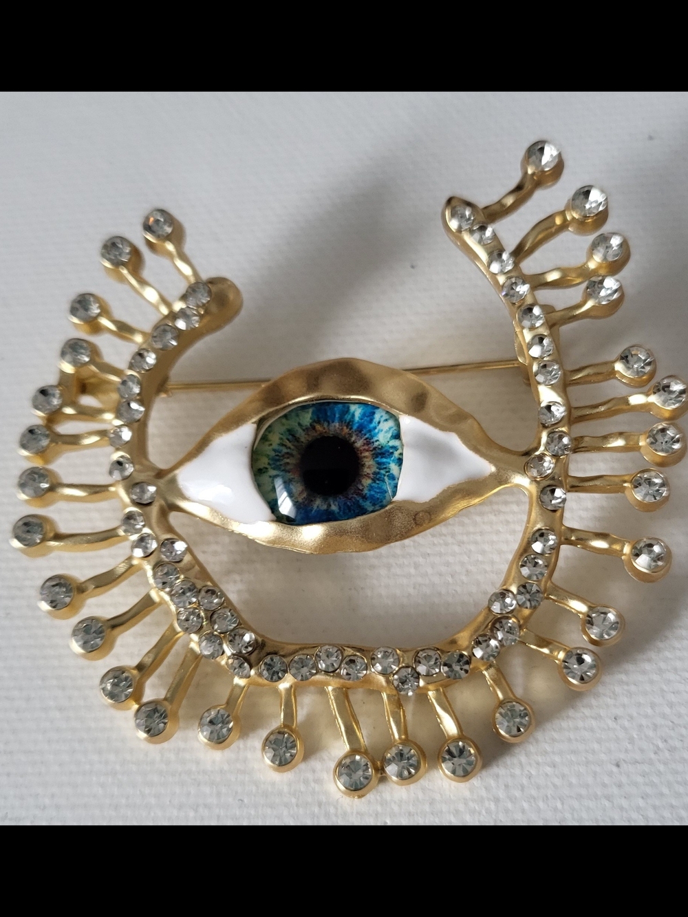 Gold Eye Brooch with Blue Enamel Iris and Crystal Accents